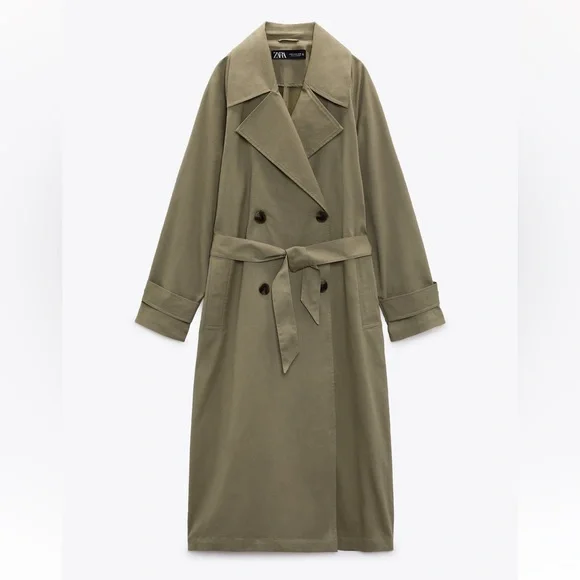 ジャケット・アウター ZARA KHAKI WATER REPELLENT TRENCH COAT Zara Water-Repellent Hooded Trench Coat Dark Khaki Green XS